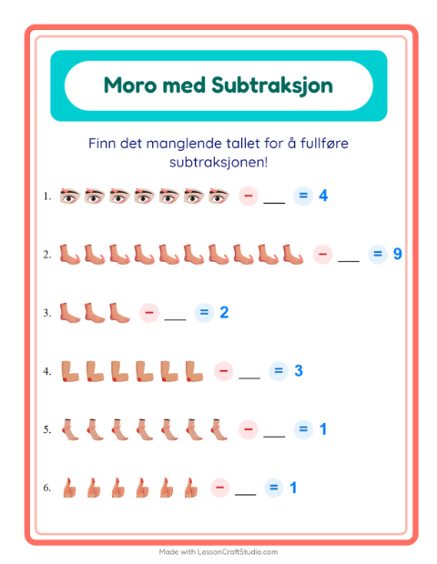 Forhåndsvisning av Subtraksjon-arbeidsark med Kroppsdeler for Barnehage (5-7 år)