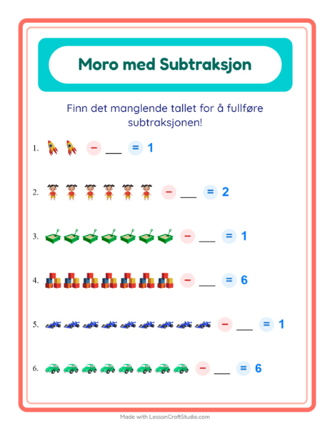 Forhåndsvisning av Subtraksjon-arbeidsark med Leker for Barnehage (5-7 år)