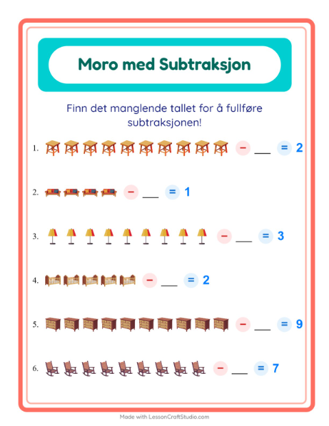 Forhåndsvisning av Subtraksjon-arbeidsark med Møbler for Barnehage (5-7 år)