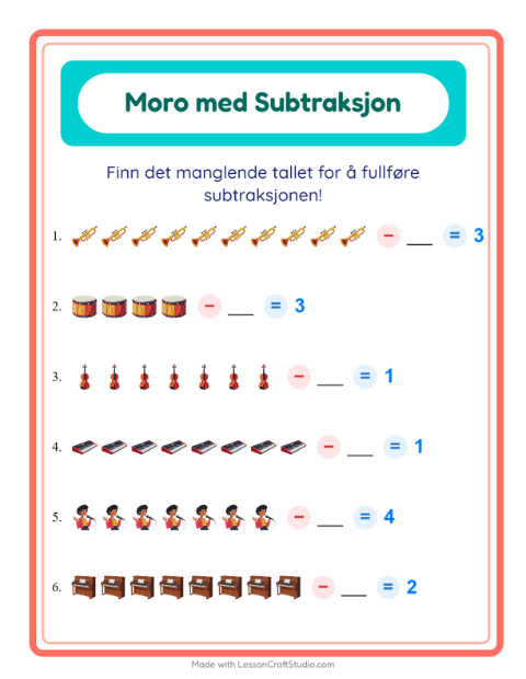 Forhåndsvisning av Subtraksjon-arbeidsark med Musikk for Barnehage (5-7 år)
