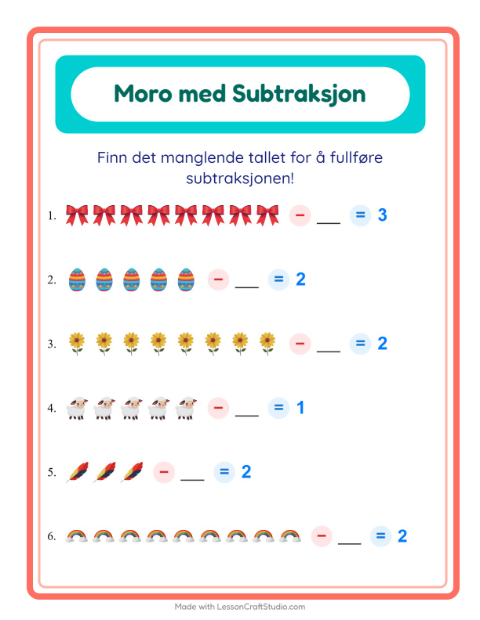 Forhåndsvisning av Subtraksjon-arbeidsark med Påske for Barnehage (5-7 år)