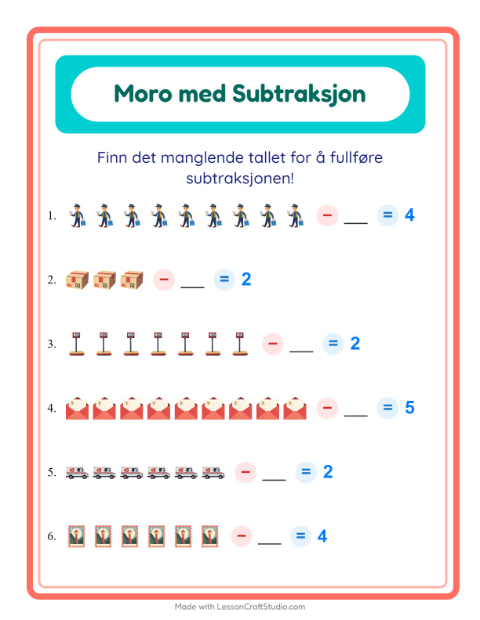Forhåndsvisning av Subtraksjon-arbeidsark med Postkontor for Barnehage (5-7 år)