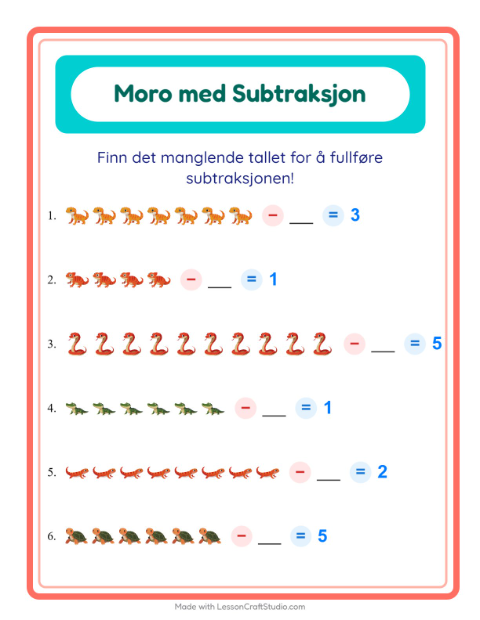Forhåndsvisning av Subtraksjon-arbeidsark med Reptiler og amfibier for Barnehage (5-7 år)