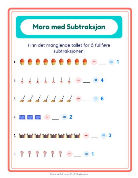 Forhåndsvisning av Subtraksjon-arbeidsark med Rundt i huset for Barnehage (5-7 år)