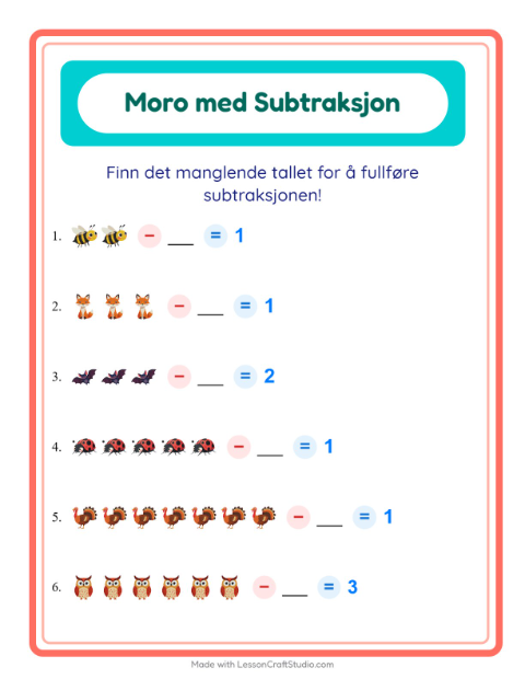 Forhåndsvisning av Subtraksjon-arbeidsark med Skogsdyr for Barnehage (5-7 år)