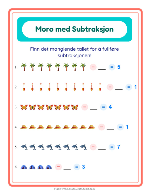 Forhåndsvisning av Subtraksjon-arbeidsark med Sommer for Barnehage (5-7 år)