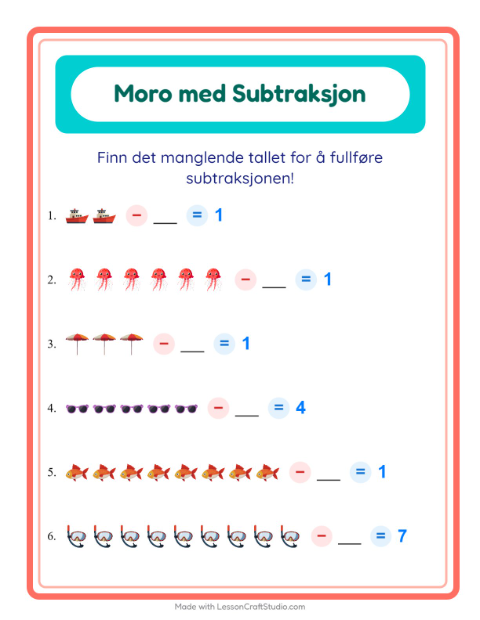 Forhåndsvisning av Subtraksjon-arbeidsark med Strand for Barnehage (5-7 år)