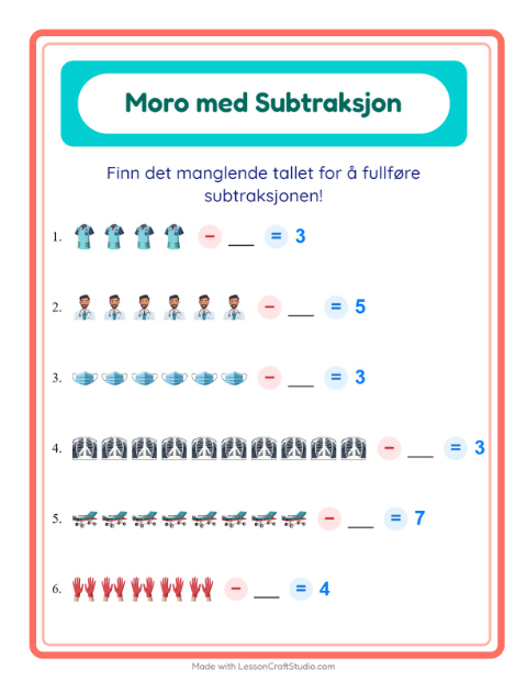 Forhåndsvisning av Subtraksjon-arbeidsark med Sykehus for Barnehage (5-7 år)