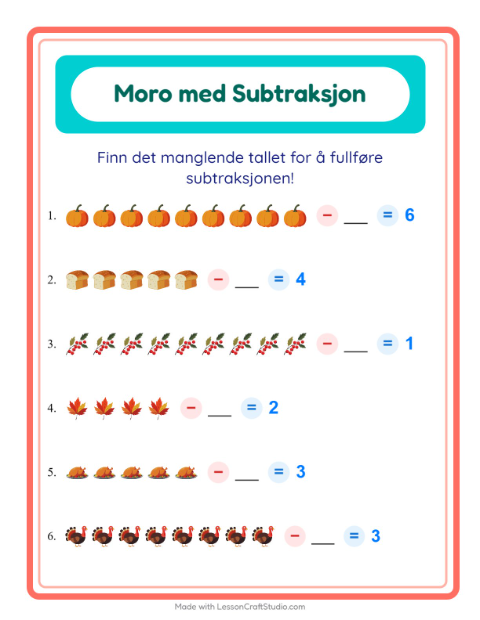 Forhåndsvisning av Subtraksjon-arbeidsark med Thanksgiving for Barnehage (5-7 år)