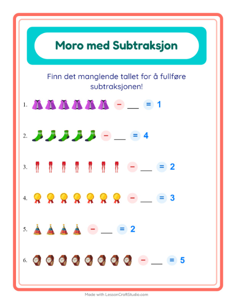 Forhåndsvisning av Subtraksjon-arbeidsark med Tilbehør for Barnehage (5-7 år)