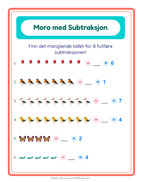 Forhåndsvisning av Subtraksjon-arbeidsark med Ting som flyr for Barnehage (5-7 år)
