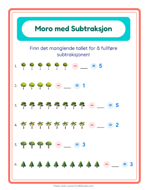 Forhåndsvisning av Subtraksjon-arbeidsark med Trær for Barnehage (5-7 år)