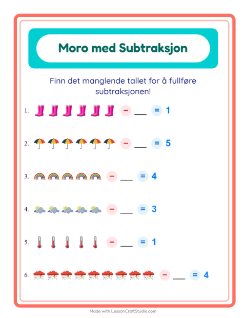 Forhåndsvisning av Subtraksjon-arbeidsark med Vær for Barnehage (5-7 år)