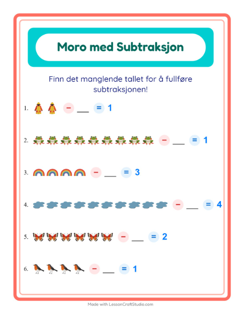 Forhåndsvisning av Subtraksjon-arbeidsark med Vår for Barnehage (5-7 år)