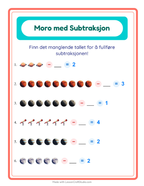 Forhåndsvisning av Subtraksjon-arbeidsark med Verdensrommet for Barnehage (5-7 år)