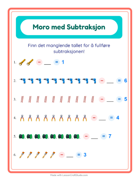 Forhåndsvisning av Subtraksjon-arbeidsark med Verktøy for Barnehage (5-7 år)
