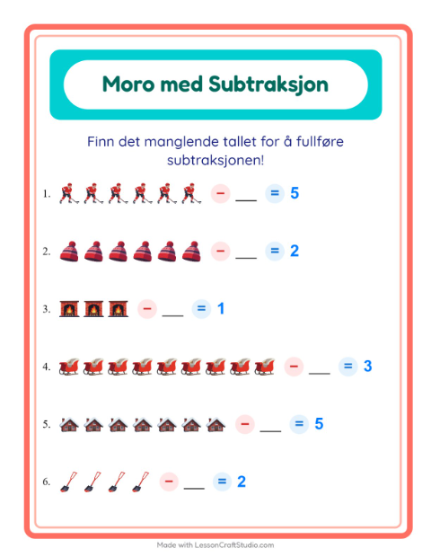 Forhåndsvisning av Subtraksjon-arbeidsark med Vinter for Barnehage (5-7 år)