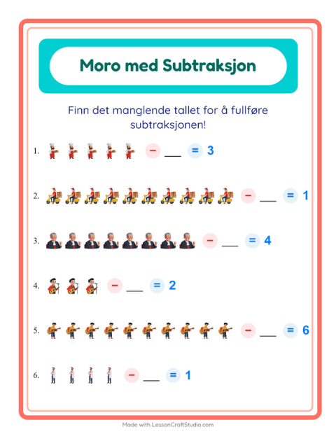 Forhåndsvisning av Subtraksjon-arbeidsark med Yrker for Barnehage (5-7 år)