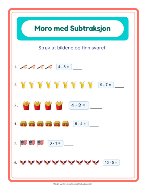 Forhåndsvisning av Subtraksjon-arbeidsark med 4. juli for Barnehage (5-7 år)
