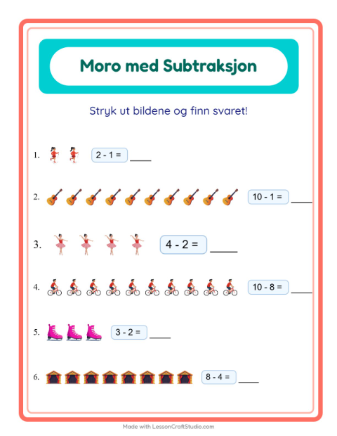 Forhåndsvisning av Subtraksjon-arbeidsark med Aktiviteter for Barnehage (5-7 år)