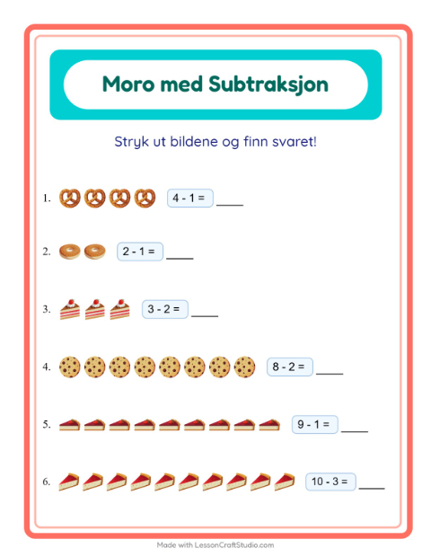 Forhåndsvisning av Subtraksjon-arbeidsark med Bakeri for Barnehage (5-7 år)