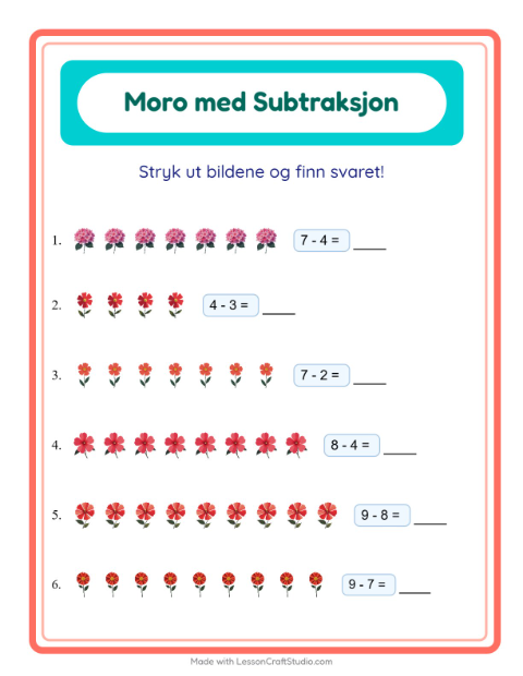Forhåndsvisning av Subtraksjon-arbeidsark med Blomster for Barnehage (5-7 år)