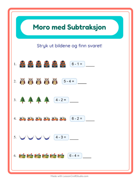 Forhåndsvisning av Subtraksjon-arbeidsark med Camping for Barnehage (5-7 år)