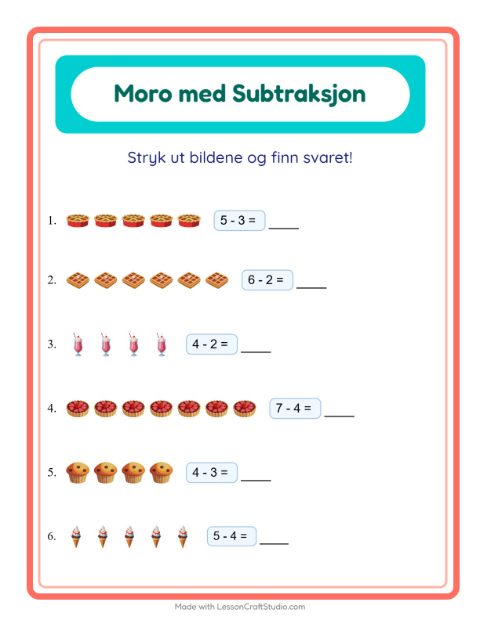 Forhåndsvisning av Subtraksjon-arbeidsark med Desserter og godteri for Barnehage (5-7 år)
