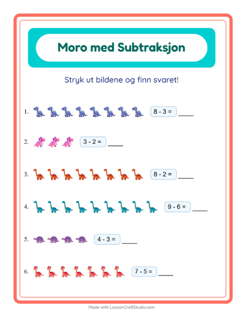 Forhåndsvisning av Subtraksjon-arbeidsark med Dinosaurer for Barnehage (5-7 år)