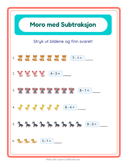 Forhåndsvisning av Subtraksjon-arbeidsark med Dyr for Barnehage (5-7 år)