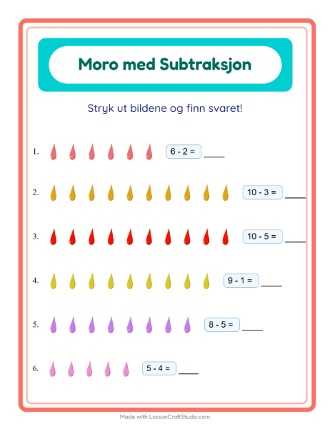 Forhåndsvisning av Subtraksjon-arbeidsark med Farger for Barnehage (5-7 år)