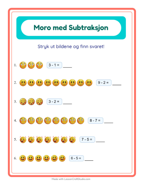 Forhåndsvisning av Subtraksjon-arbeidsark med Følelser for Barnehage (5-7 år)