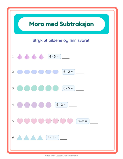 Forhåndsvisning av Subtraksjon-arbeidsark med Former for Barnehage (5-7 år)