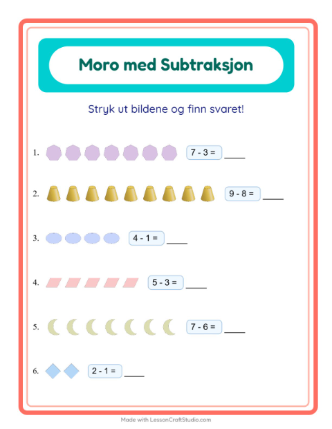 Forhåndsvisning av Subtraksjon-arbeidsark med Former for Barnehage (5-7 år)