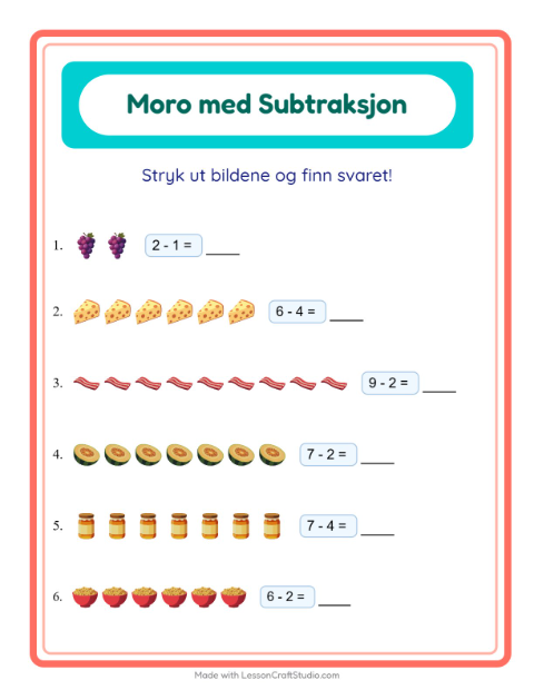 Forhåndsvisning av Subtraksjon-arbeidsark med Frokost for Barnehage (5-7 år)