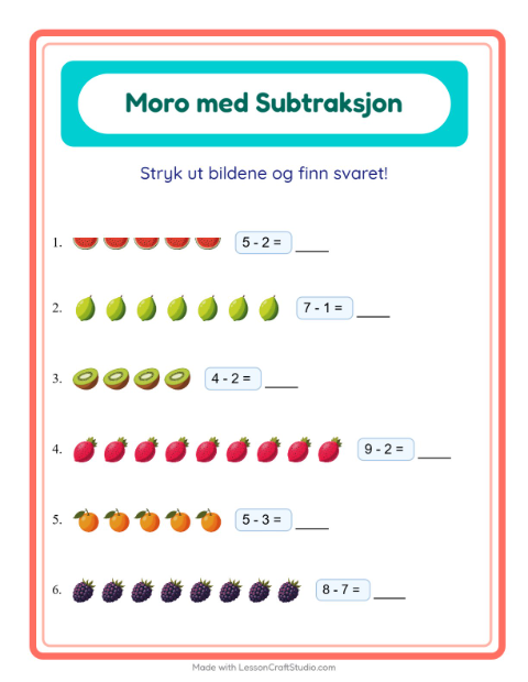 Forhåndsvisning av Subtraksjon-arbeidsark med Frukter for Barnehage (5-7 år)