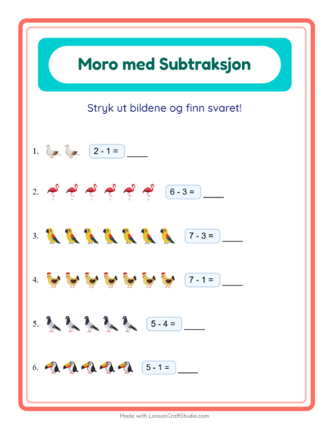 Forhåndsvisning av Subtraksjon-arbeidsark med Fugler 2 for Barnehage (5-7 år)