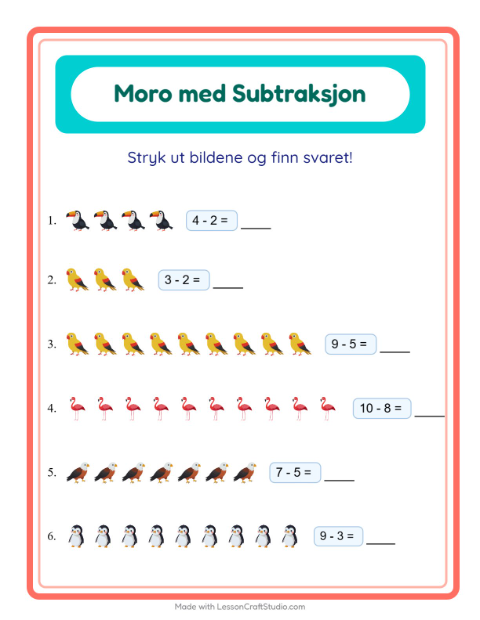 Forhåndsvisning av Subtraksjon-arbeidsark med Fugler for Barnehage (5-7 år)