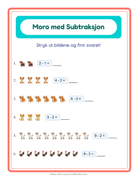 Forhåndsvisning av Subtraksjon-arbeidsark med Gårdsdyr for Barnehage (5-7 år)