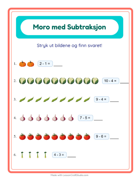 Forhåndsvisning av Subtraksjon-arbeidsark med Grønnsaker for Barnehage (5-7 år)