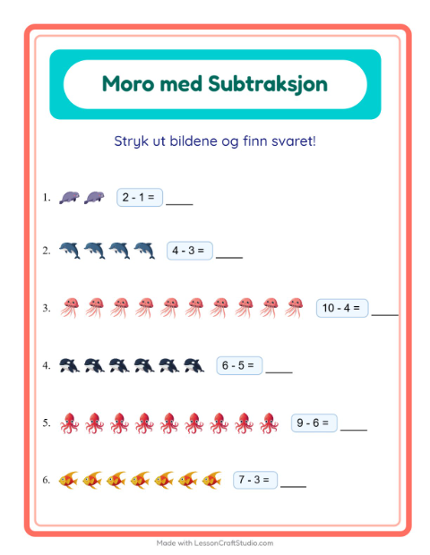 Forhåndsvisning av Subtraksjon-arbeidsark med Havliv for Barnehage (5-7 år)