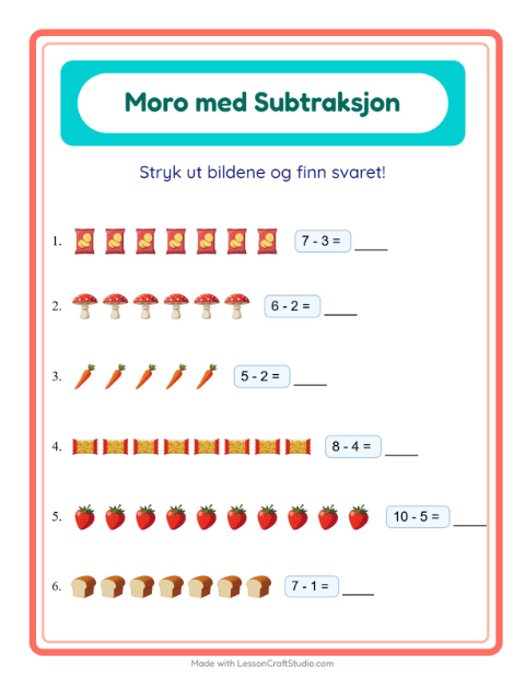 Forhåndsvisning av Subtraksjon-arbeidsark med I supermarkedet for Barnehage (5-7 år)