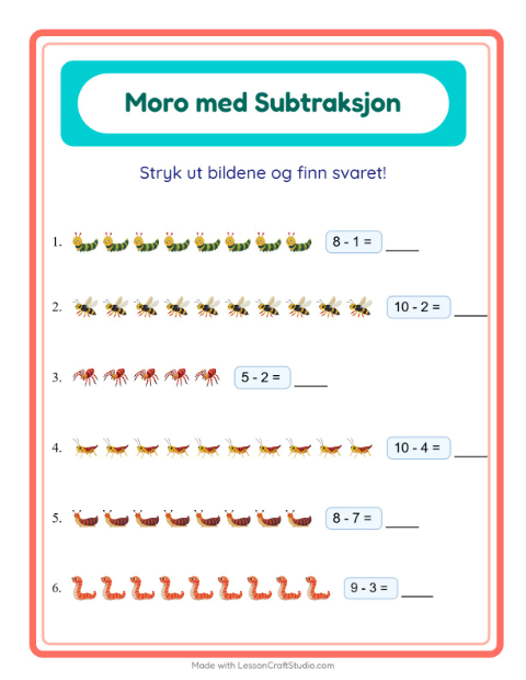 Forhåndsvisning av Subtraksjon-arbeidsark med Insekter og kryp for Barnehage (5-7 år)