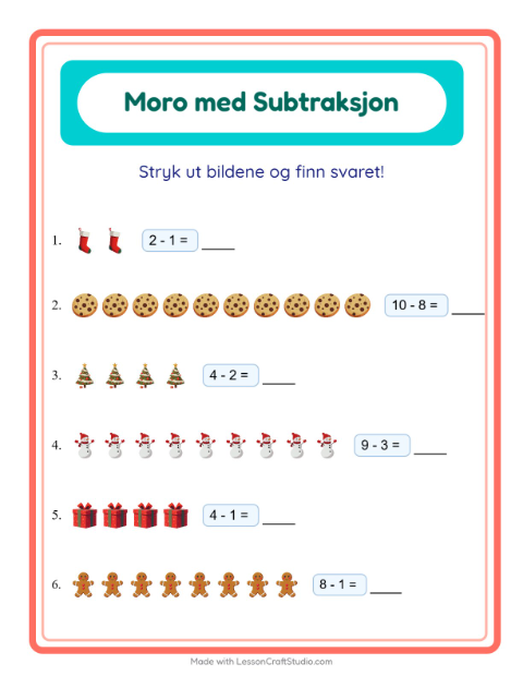 Forhåndsvisning av Subtraksjon-arbeidsark med Jul for Barnehage (5-7 år)
