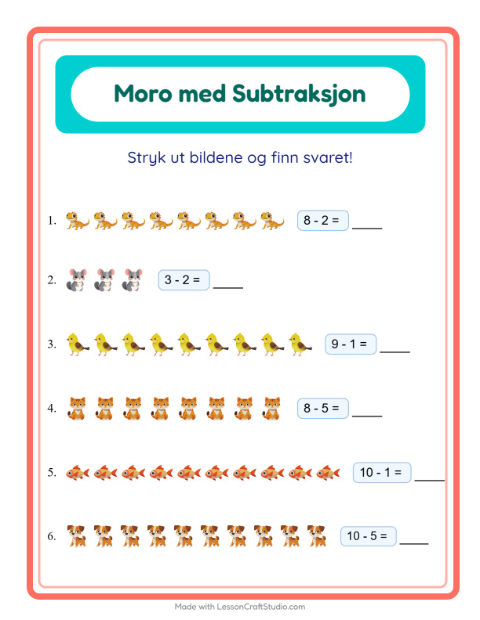 Forhåndsvisning av Subtraksjon-arbeidsark med Kjæledyr for Barnehage (5-7 år)