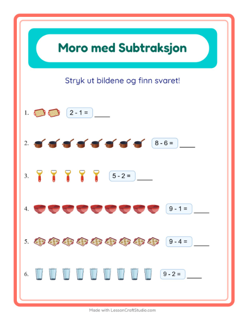 Forhåndsvisning av Subtraksjon-arbeidsark med Kjøkkenredskaper for Barnehage (5-7 år)