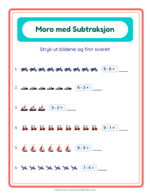 Forhåndsvisning av Subtraksjon-arbeidsark med Kjøretøy for Barnehage (5-7 år)