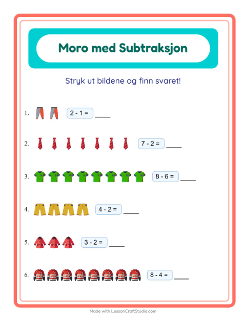 Forhåndsvisning av Subtraksjon-arbeidsark med Klær for Barnehage (5-7 år)
