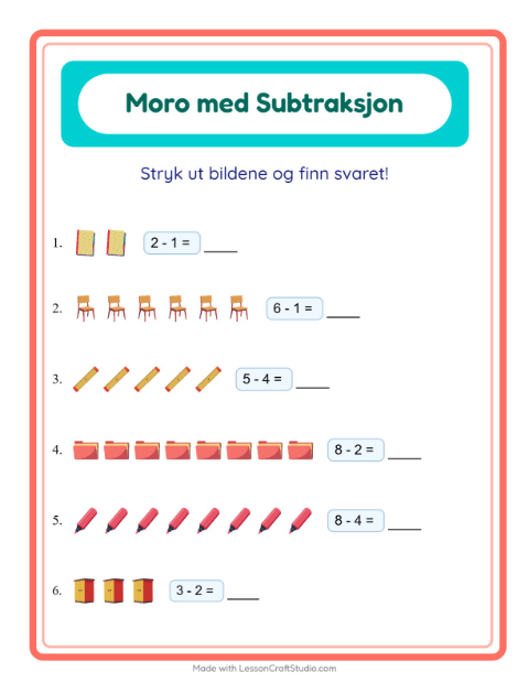 Forhåndsvisning av Subtraksjon-arbeidsark med Klasserom for Barnehage (5-7 år)