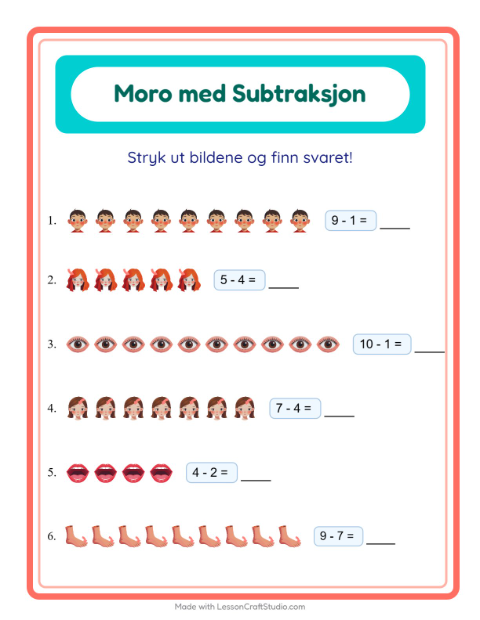 Forhåndsvisning av Subtraksjon-arbeidsark med Kroppsdeler for Barnehage (5-7 år)